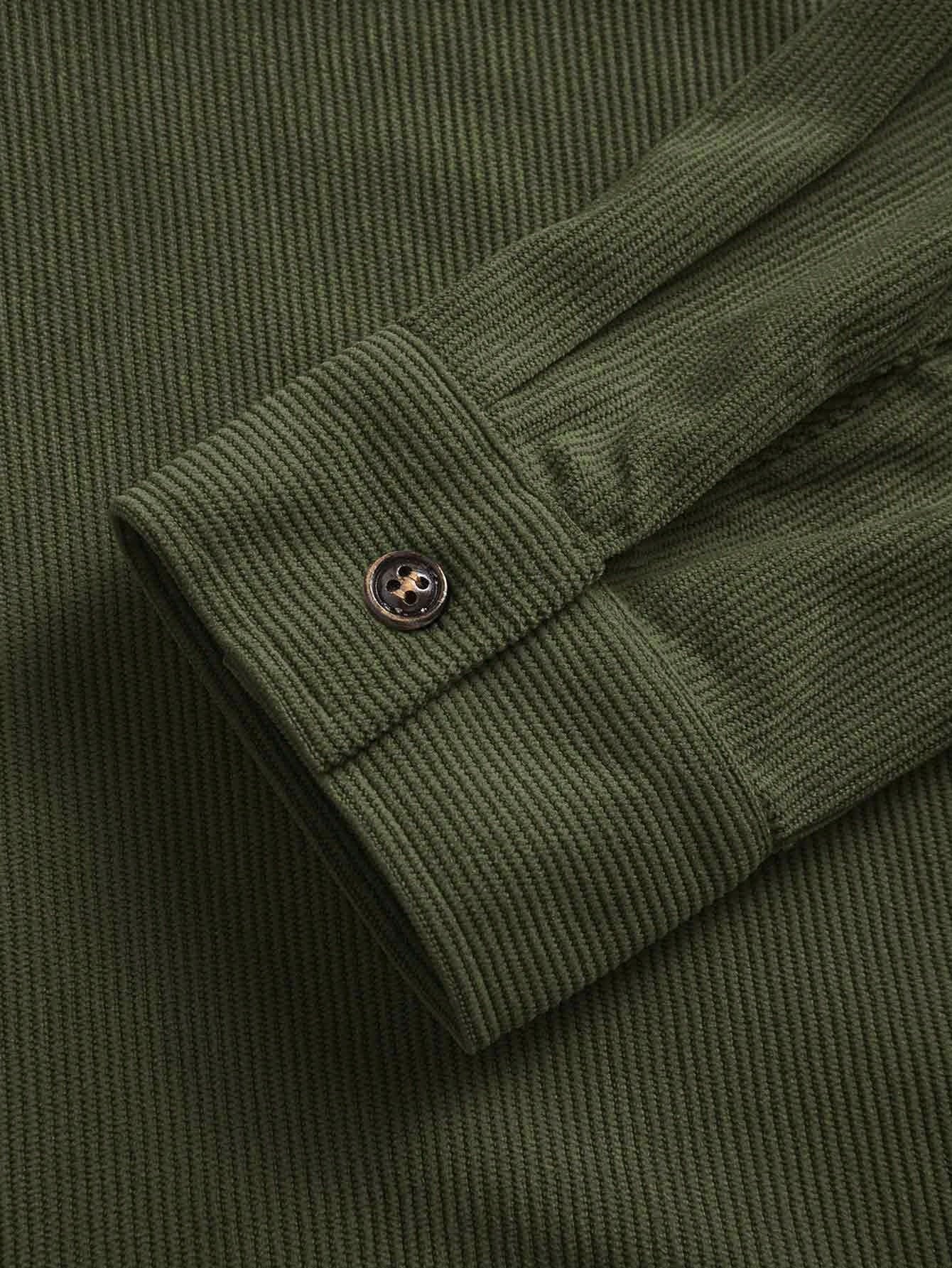 Popular Corduroy Material Men'S Casual Shacket, Turn-Down Collar Button Long Sleeve Cardigan with Double Pockets, Suitable for Everyday Casual, Commuting, Street Fashion, Spring & Autumn
