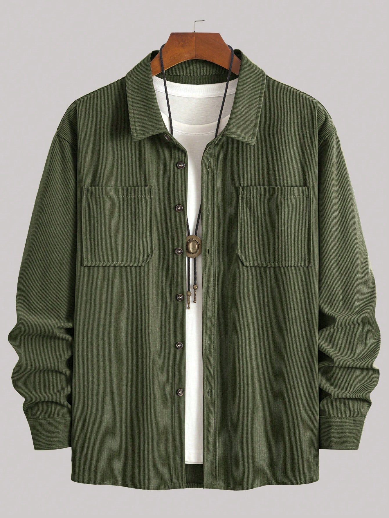 Popular Corduroy Material Men'S Casual Shacket, Turn-Down Collar Button Long Sleeve Cardigan with Double Pockets, Suitable for Everyday Casual, Commuting, Street Fashion, Spring & Autumn