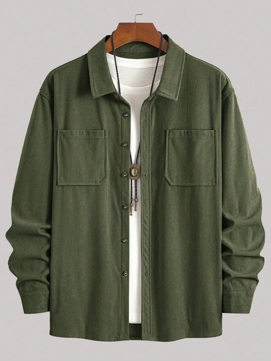 Popular Corduroy Material Men'S Casual Shacket, Turn-Down Collar Button Long Sleeve Cardigan with Double Pockets, Suitable for Everyday Casual, Commuting, Street Fashion, Spring & Autumn